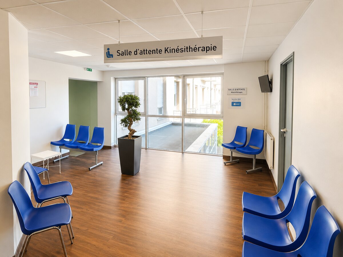 La salle d'attente kinésithérapie : sièges bleus et panneau d'entrée